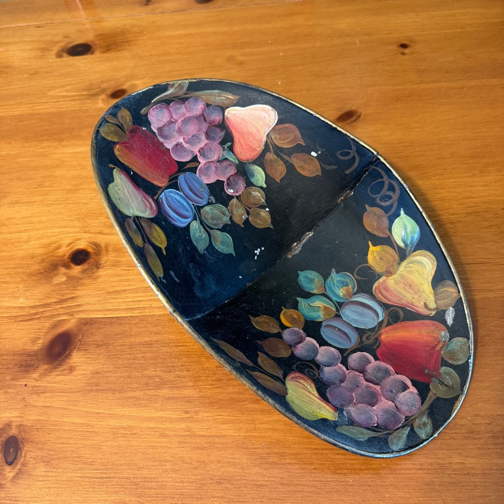 Vintage Hand Painted Toleware Metal Decor Fruit Motif Grapes Apple Black